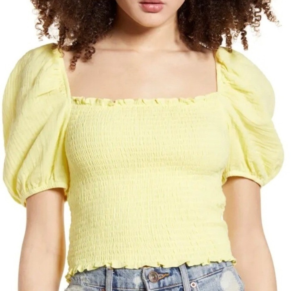 Hem and Thread Smocked Puff Sleeve Crop Top Womens M Mustard Yellow Summer NEW